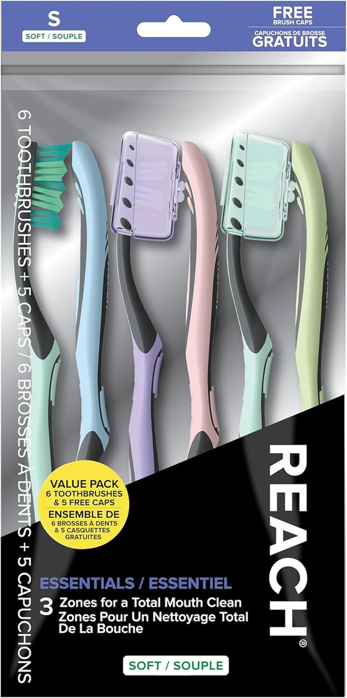 Essentials Toothbrush with Toothbrush Caps, Multi-Zoned Angled Soft Bristles, Co