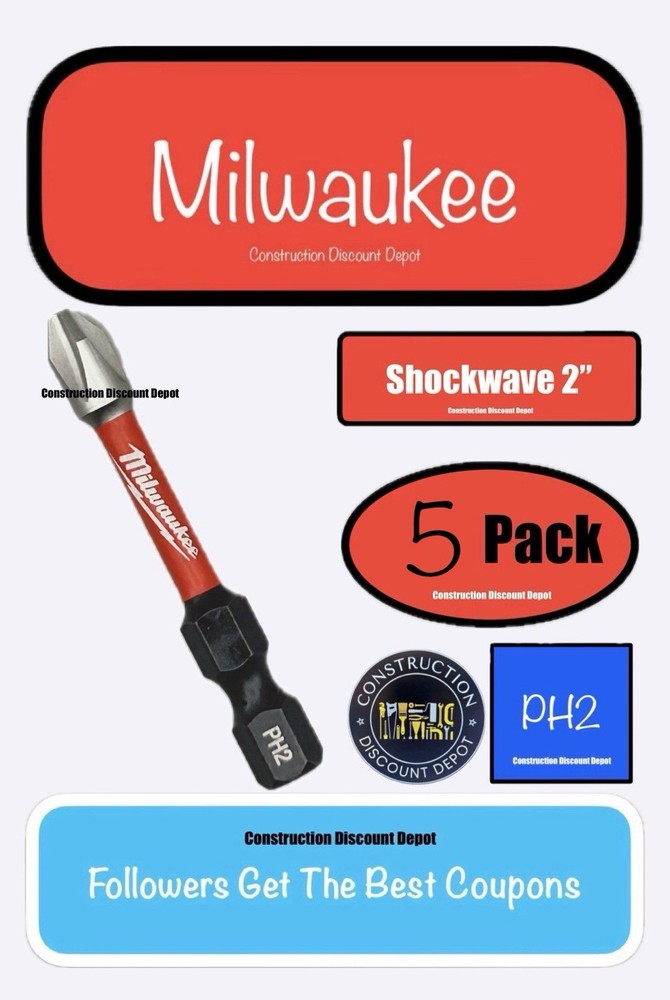 Small 5 Pack Phillips PH2 Milwaukee Shockwave Impact Duty Bit 2" Drill Bits