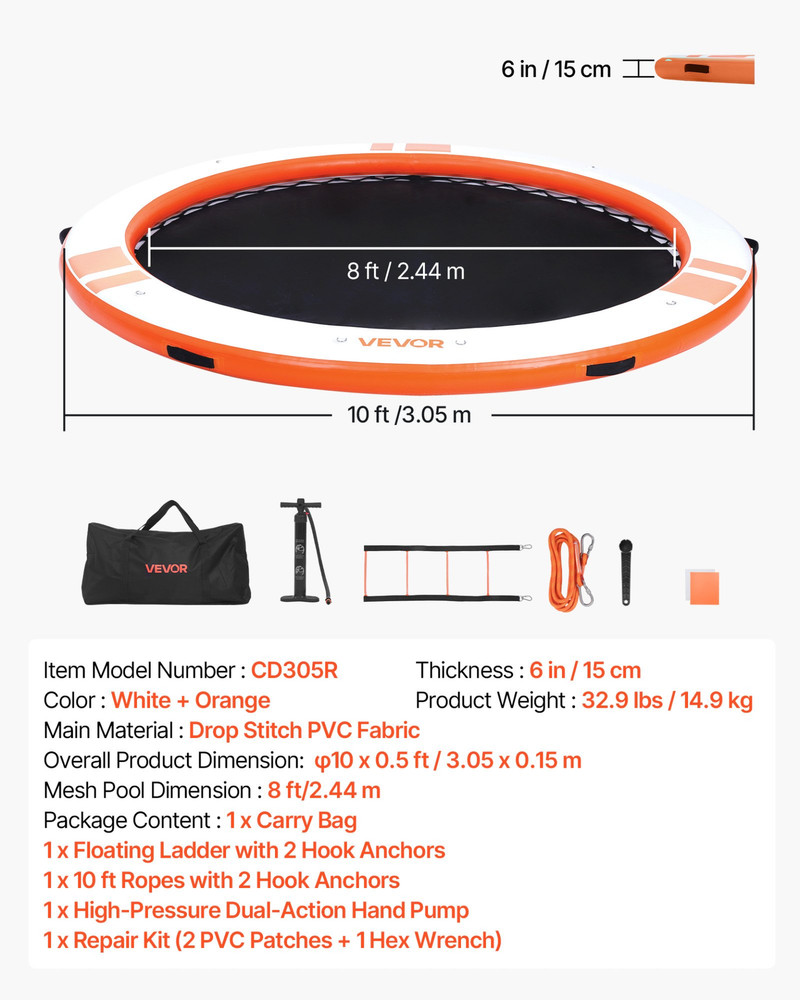 Inflatable Floating Dock, 10 FT Inflatable Dock Platform, Orange