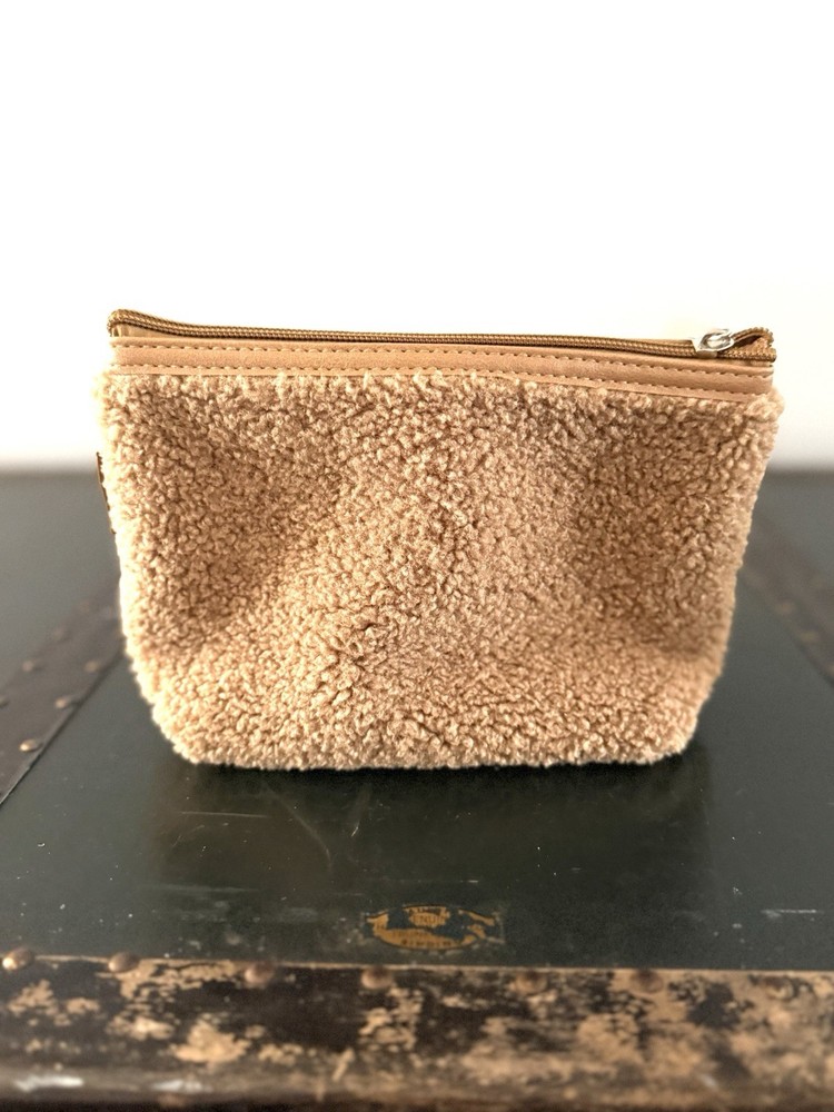 Neiman Marcus tan sherpa cosmetic bag