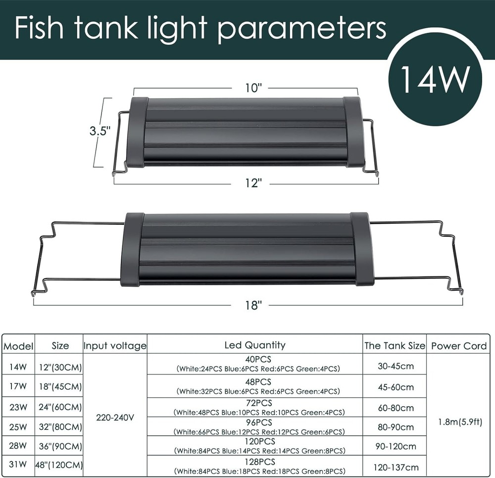Full Spectrum LED Aquarium Light 12"-18" Adjustable Multi-Color 14W