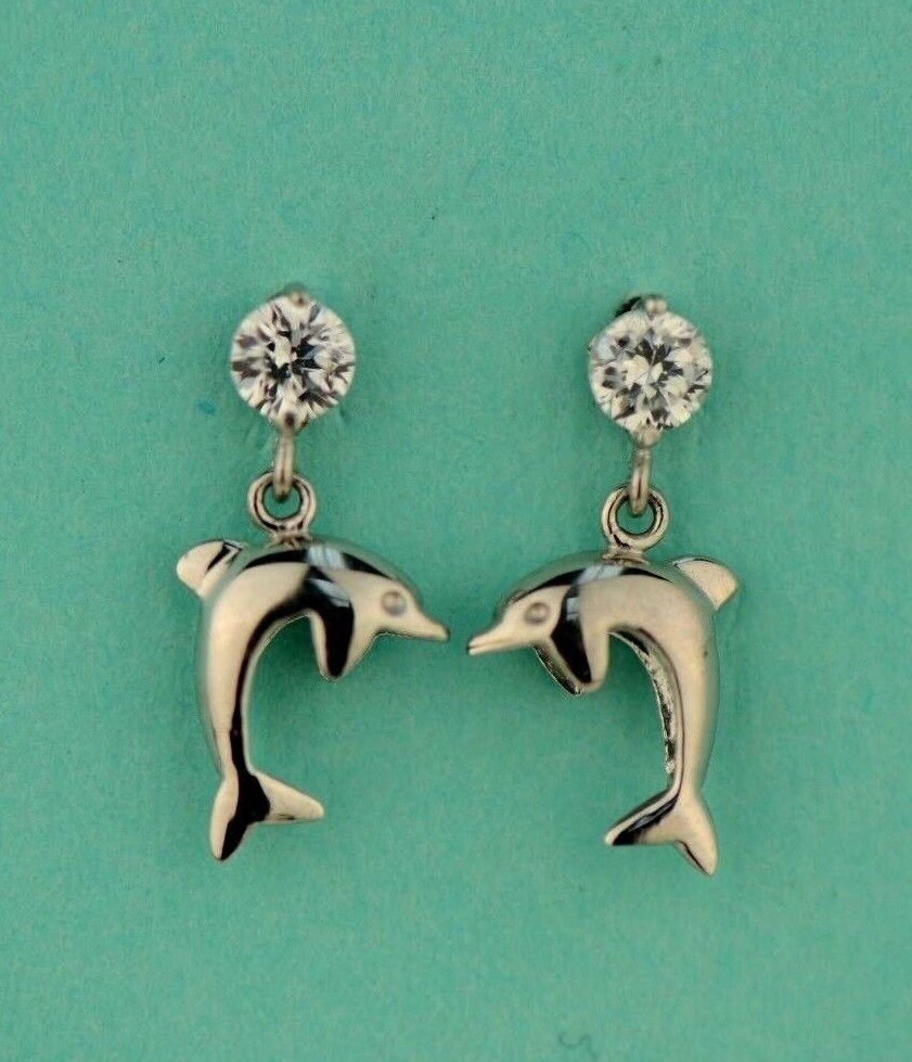 14k Yellow or White Gold CZ Dolphin Stud Earring