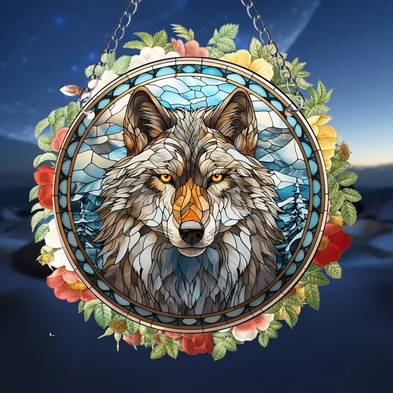 Tiled Effect Wolf Face Suncatcher Double Sided Round Dyed Acrylic Decor