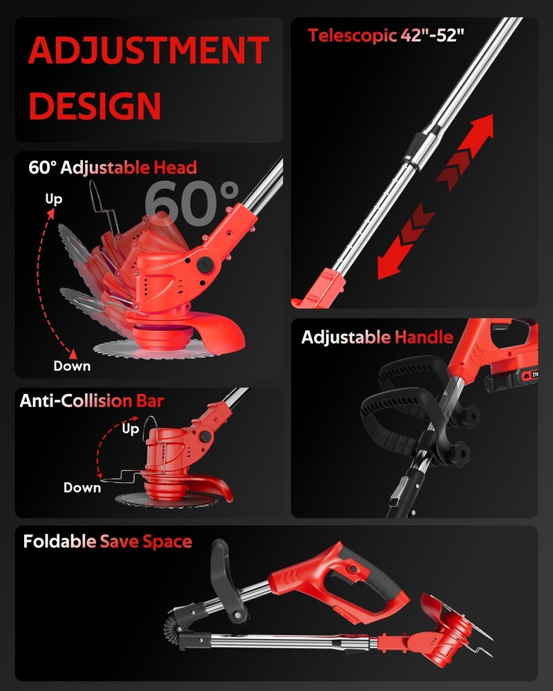 Weed Wacker with Wheels, Cordless Grass String Trimmer, Electric Weed Eater w...