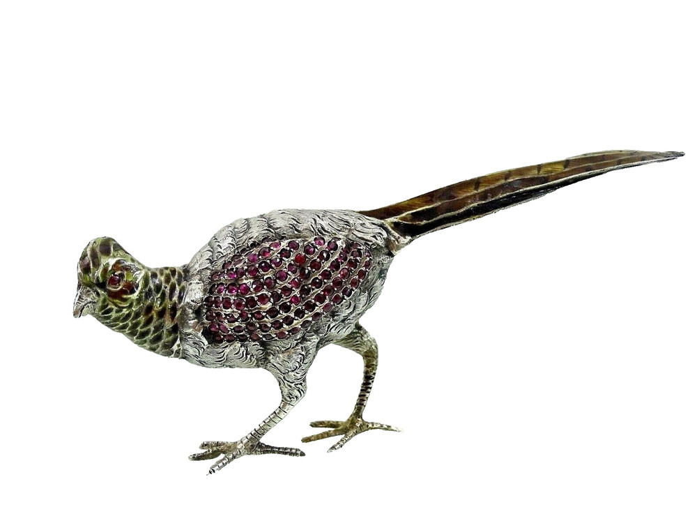 ANTIQUE AUSTRIAN Vienna SILVER ENAMEL MINIATURE BIRD PHEASANT gemset real ruby