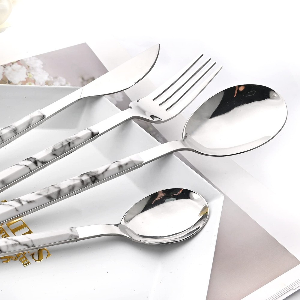 20 Piece (4 Set) Silver Stainless Steel Tableware With White Marble Handle, W...