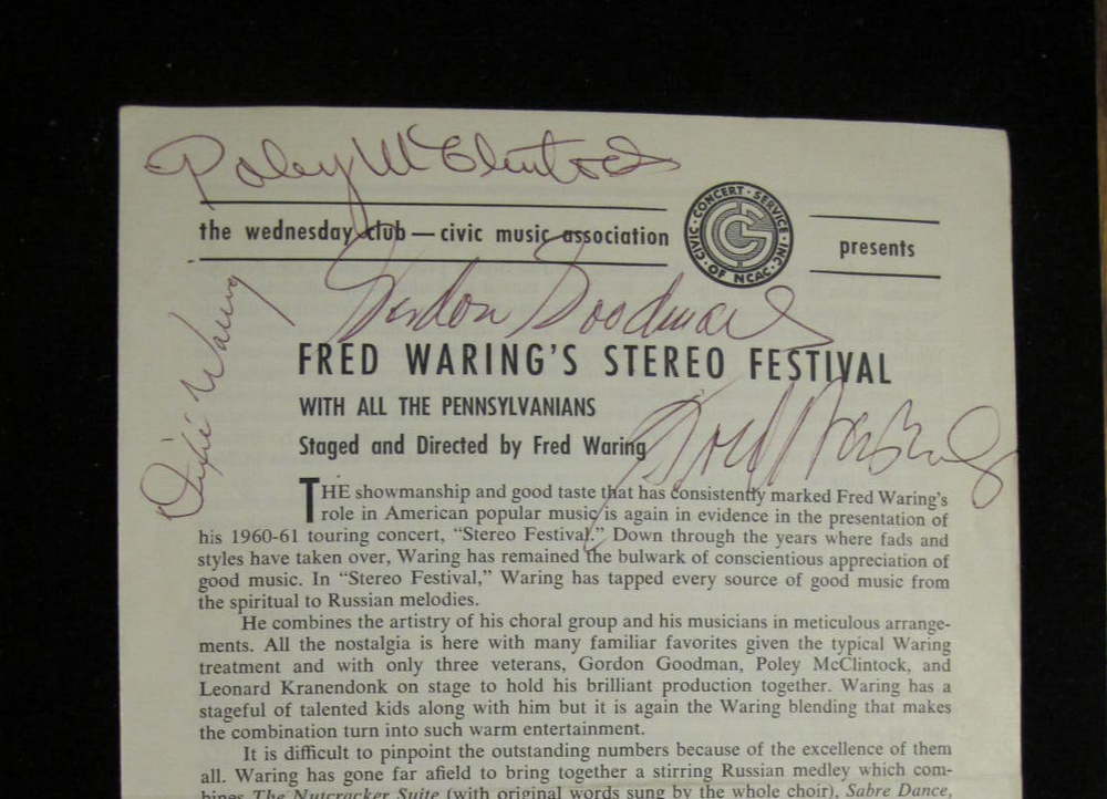 1960'S WARING'S PROGRAM: SIGNED DIXIE WARING, GORDON GOODMAN, POLEY McCLINTOCK