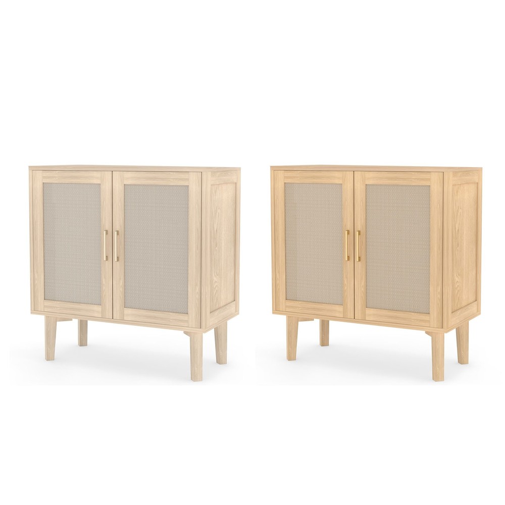 Buffet Cabinet With Rattan Decor Doors Solid Wood Feet Multifunctional DHEW