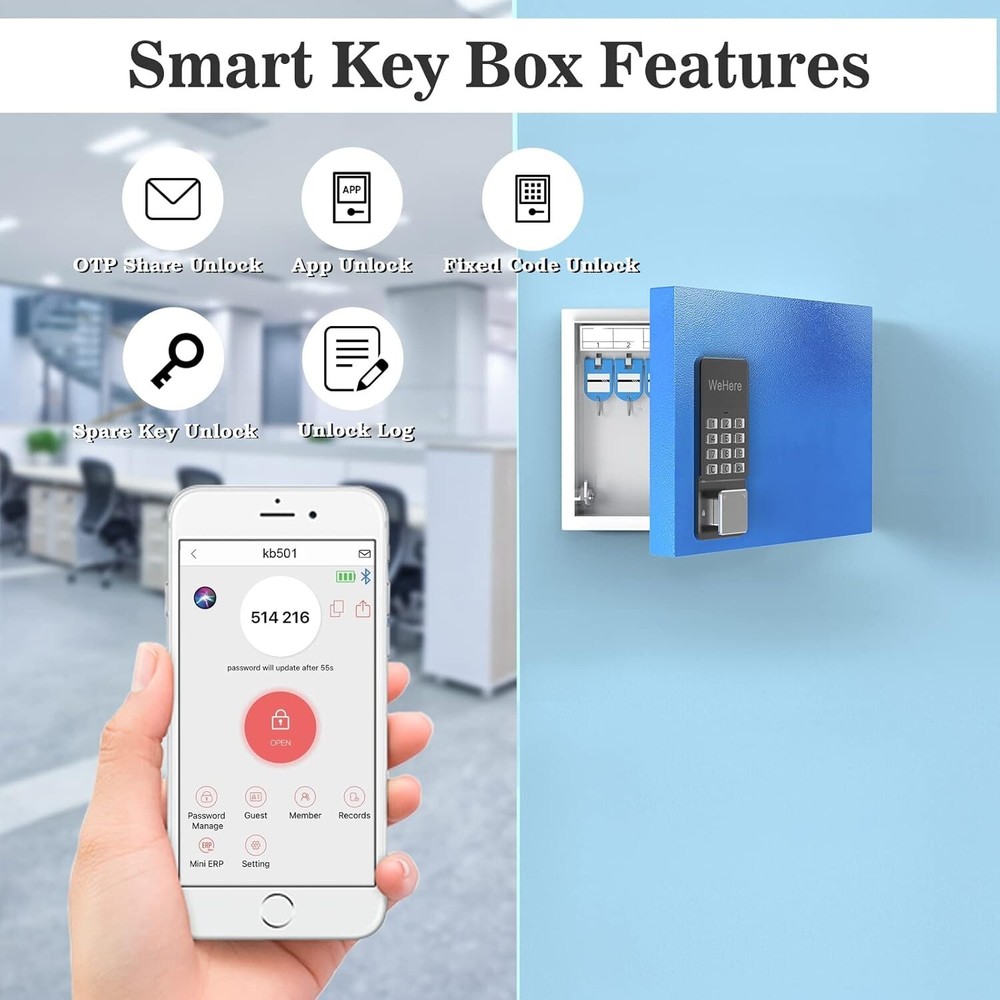 6 Key Lock Box Wall Mount, APP Bluetooth/OTP/Wi-Fi/Fixed Code/Key Unlock, Sma...
