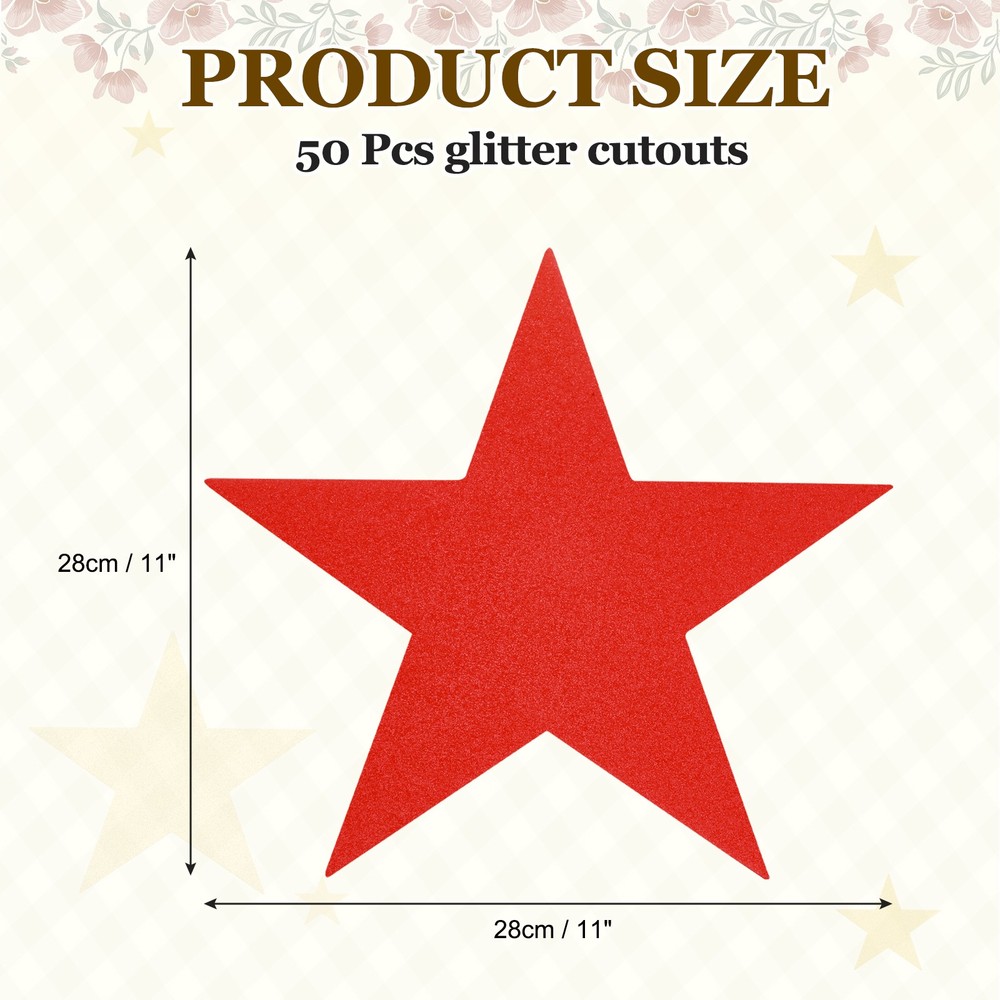 50 Pcs 11 Inch Double Printed Glitter Star Cutouts, Light Red