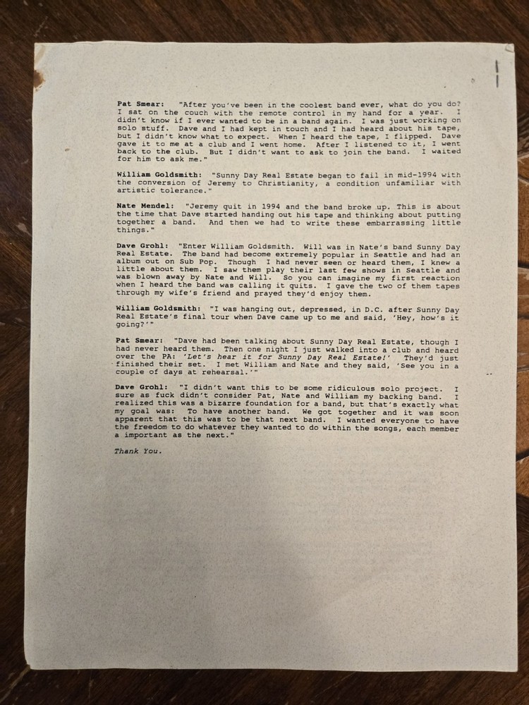 RARE Foo Fighters 1995 Original first Press Kit Biography Dave Grohl Nirvana oop