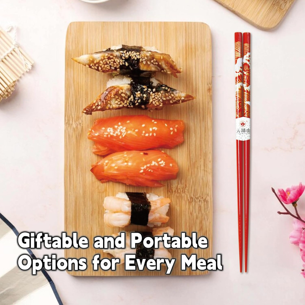 Chopsticks Reusable with Case, Bamboo Chopstick Gift Set Red Ocean Wave Pattern