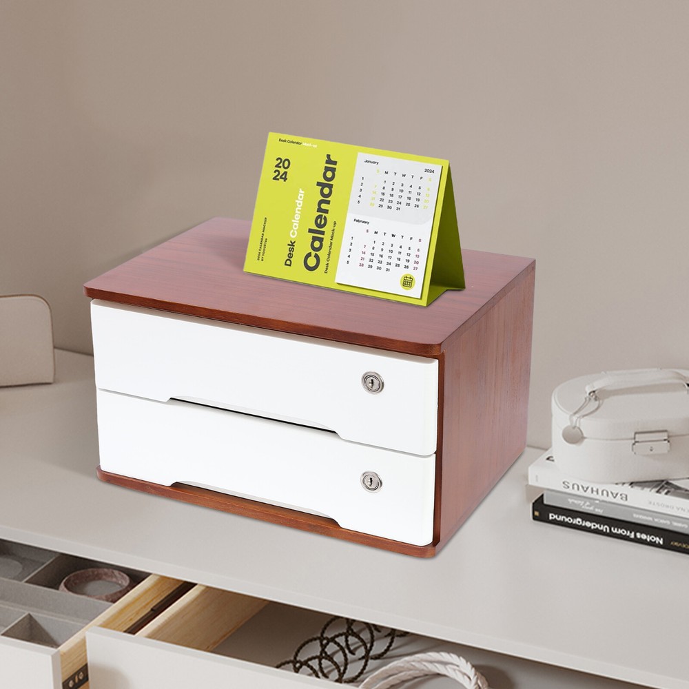 Wooden Desk Organizer with Lockable Drawer - 2-Tier Storage Solution