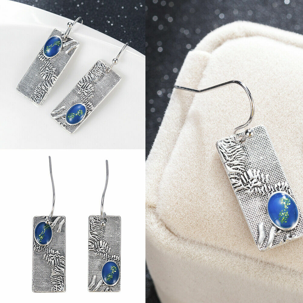Unique New Silver Plated Blue Asymmetric Rectangle Hook Dangle Drop Earrings