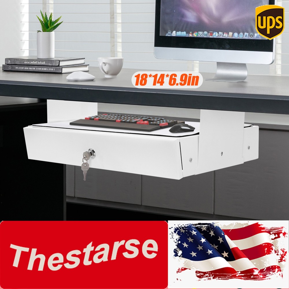 Under Desk Mounted Sliding Pull-out Storage Drawer With Computer Pad White USA