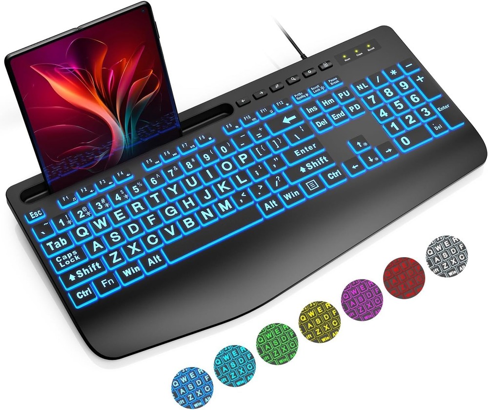 Large Print Backlit Keyboard, Wired USB Lighted Computer Keyboard-7 colors