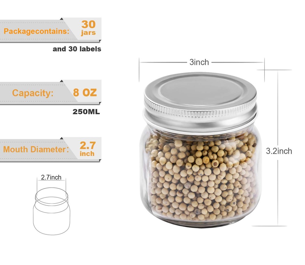 Mason Jars 8 oz 30 Pack- Small With Silver Lids 8oz-30pack,