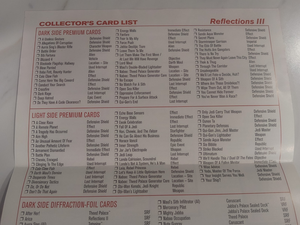 Star Wars CCG Reflections III Complete No Foils Includes Checklist