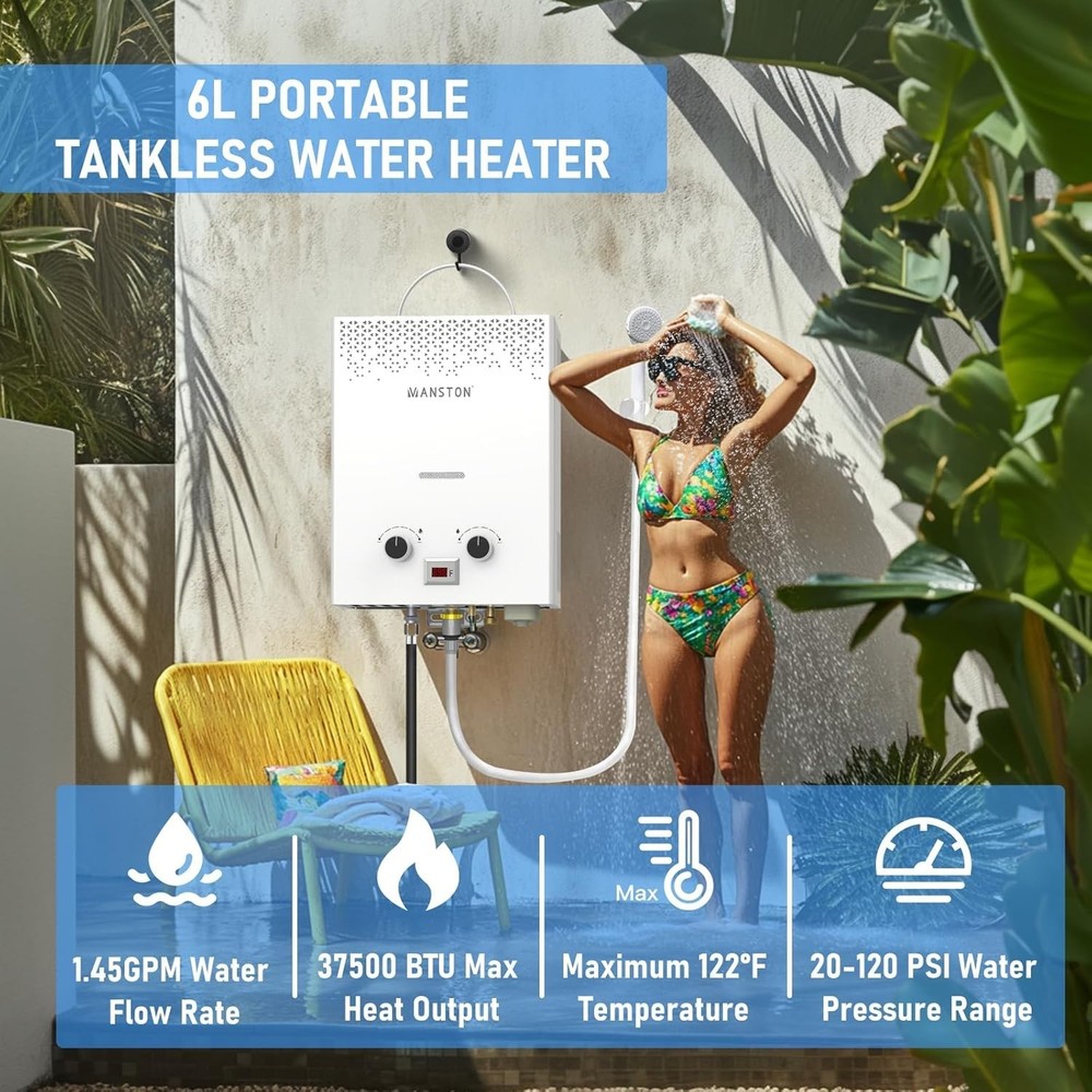 Tankless Water Heater, VANSTON Propane Water Heater Outdoor, 1.45GPM Portable