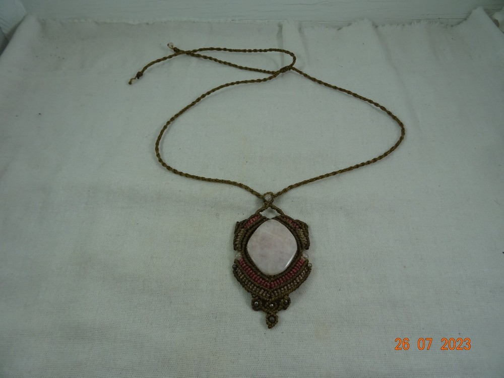 Artisan Oval Pink Topaz Stone Macrame Setting Statement Necklace 27' adjustable