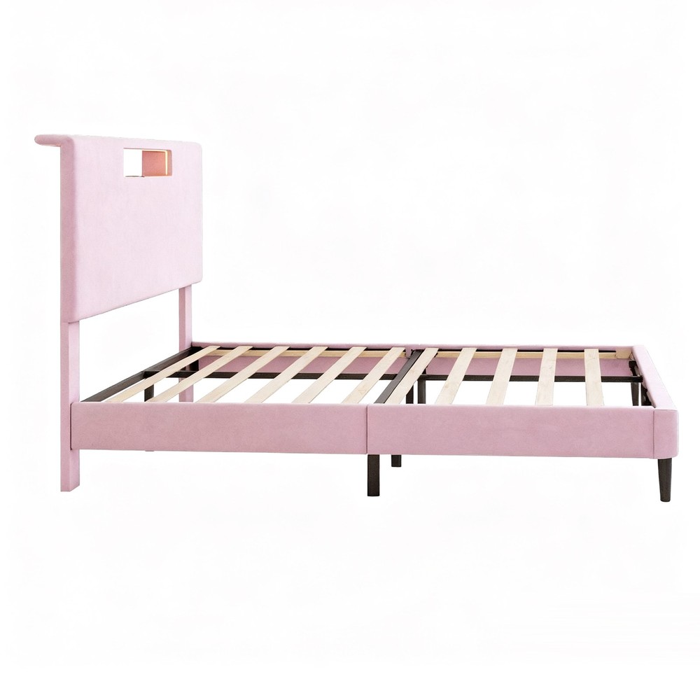 Wooden Bed Frame Full Slat Support Platform Bed With High Headboard LED Lights