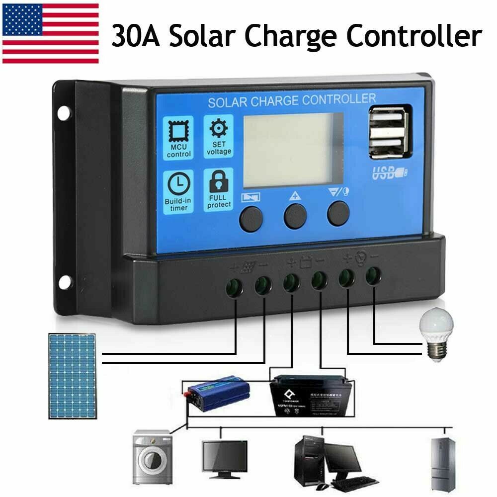 Solar Panel Battery Charge 30A 20A 10A Controller 12V/24V LCD Regulator Dual USB