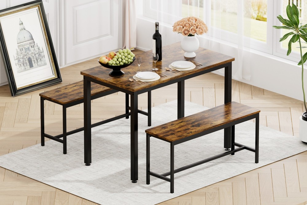 Dining Table Set, Bar Table with 2 Dining Benches, Kitchen Table Counter with