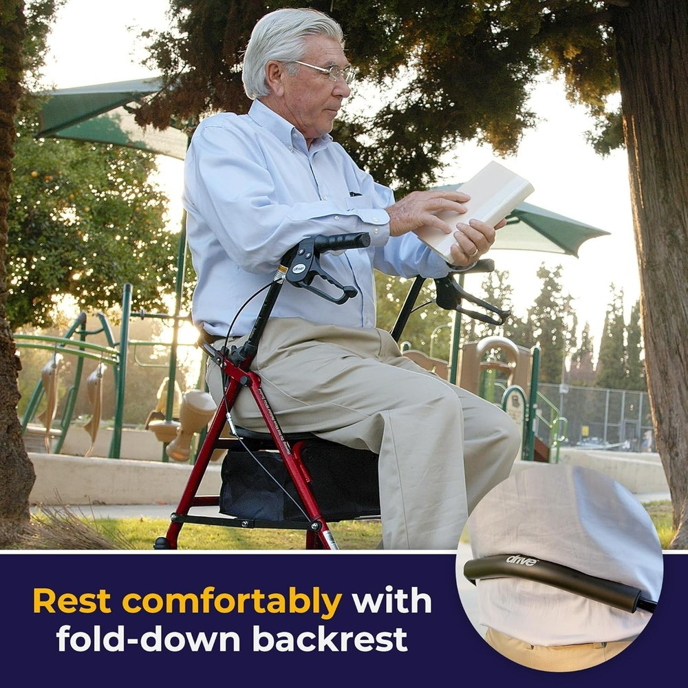 Red Rollator Walker with Seat | Height Adjustable & Foldable Design for Comfort