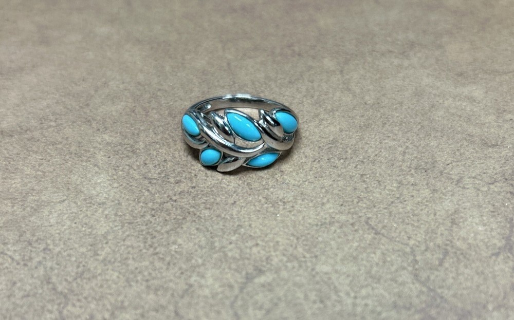 Signed EA Turquoise Colored 925 Sterling Silver Leaf Ring Size 8