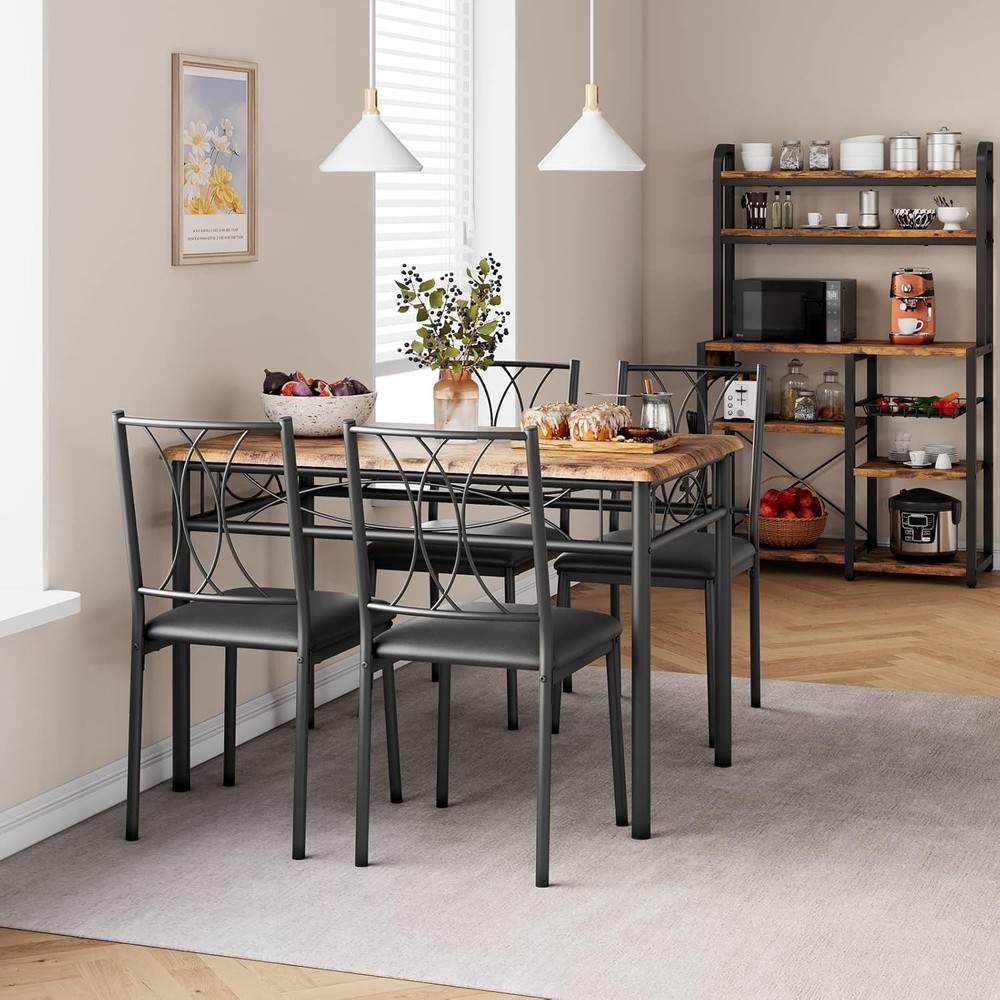 Rustic Dining Table Set for 4, MDF Top & Metal Frame with Upholstered Chairs