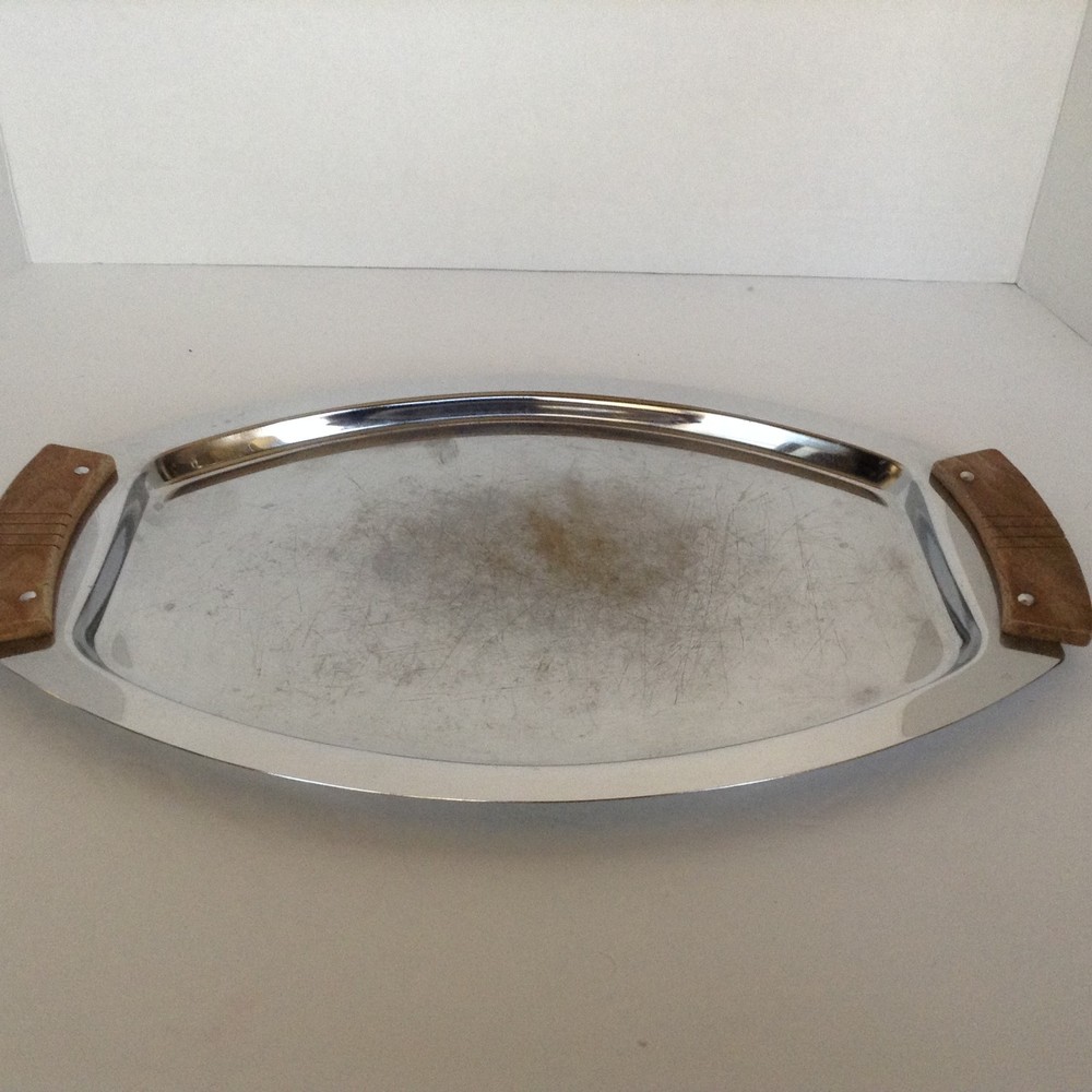 VTG MCM Stainless Kormax Tray w/Teak Handle MId Century Modern Oval Rectangular