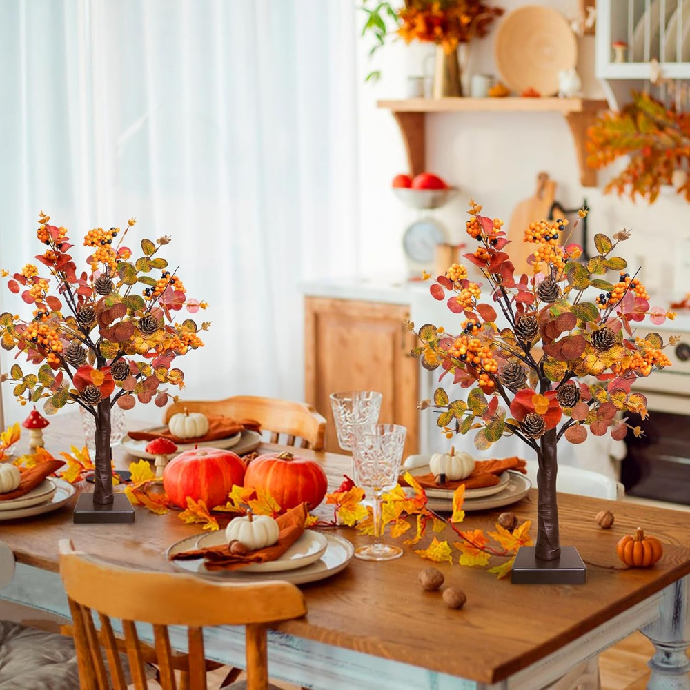 [ Prelit & Timer ] 2 Pack Fall Decor Tabletop Fall Tree with 48 LED Battery