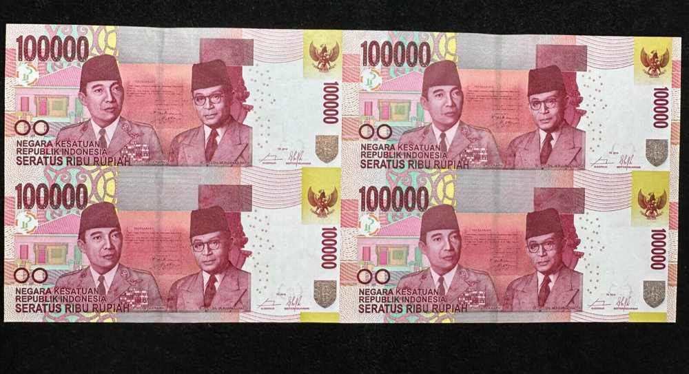 Indonesia 100000 Rupiah 2014 UNCUT notes 4x1 With Folder & Certificate