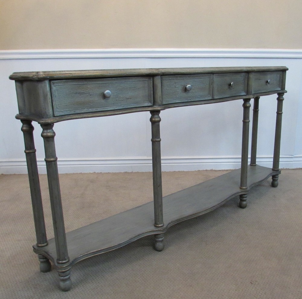 DECORATORS TWO TIER CONSOLE, SOFA TABLE, THREE DRAWERS, GREY FACTORY FINISH