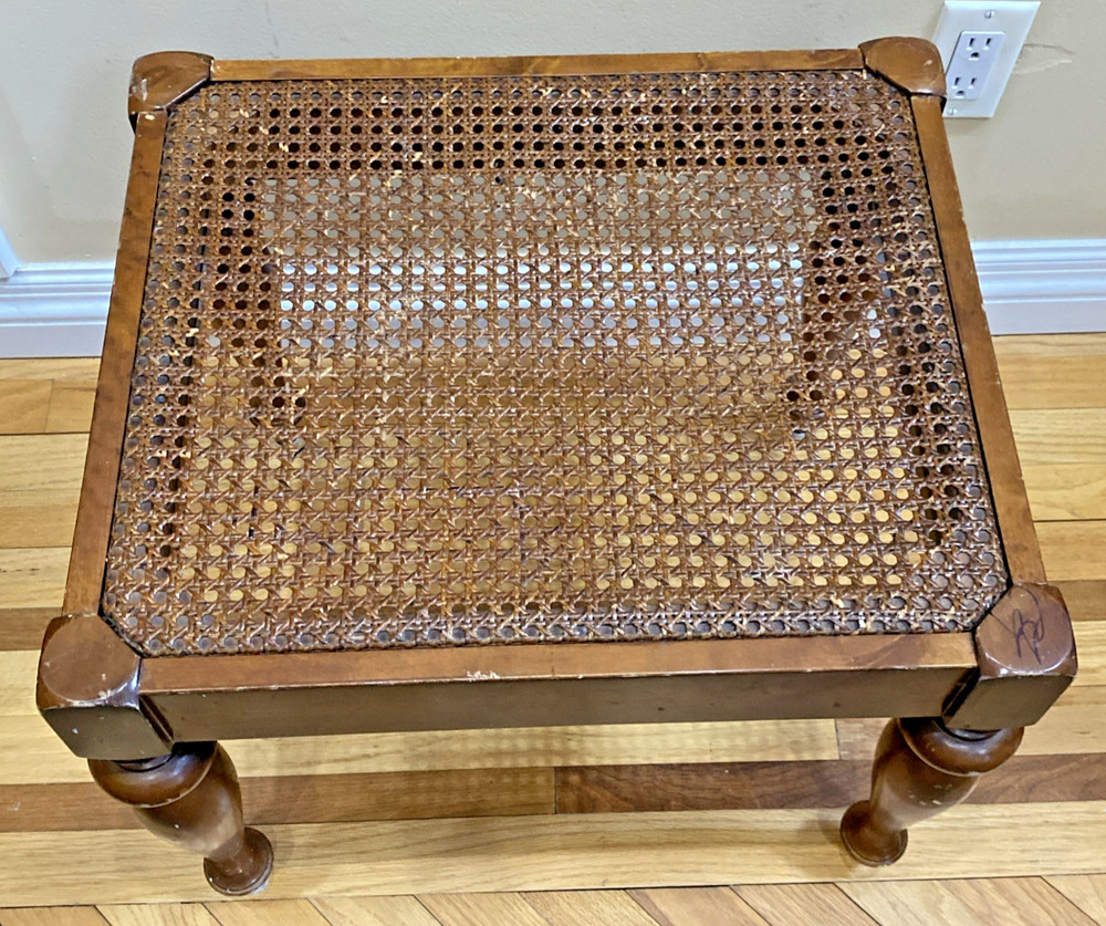 Vtg Walnut Caned Vanity Bench