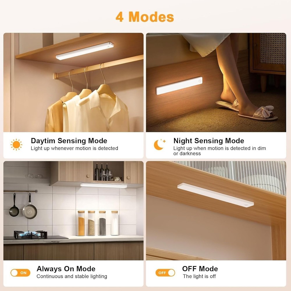 Smart Motion Sensor Under Cabinet Lighting - 2-Pack Rechargeable & Dimmable