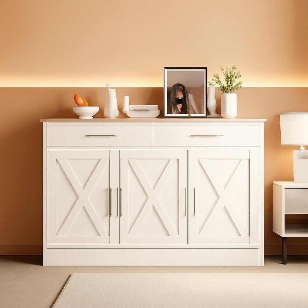 White Farmhouse Sideboard Buffet Cabinet With Drawers