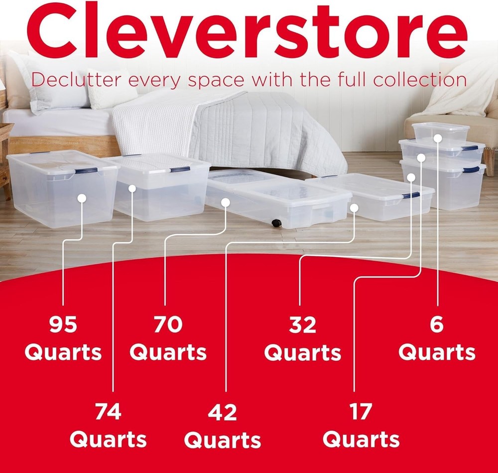 Cleverstore Clear 32 Qt 6 Pack Stackable Plastic Storage Bins W/ Lids Great
