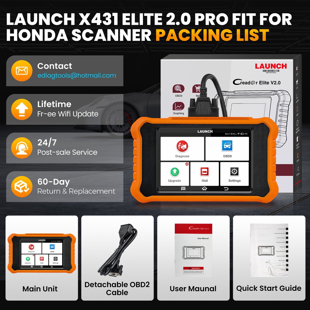For Honda Acura LAUNCH Creader Elite V2.0 OBD2 Scanner Code Reader Lifetime Free