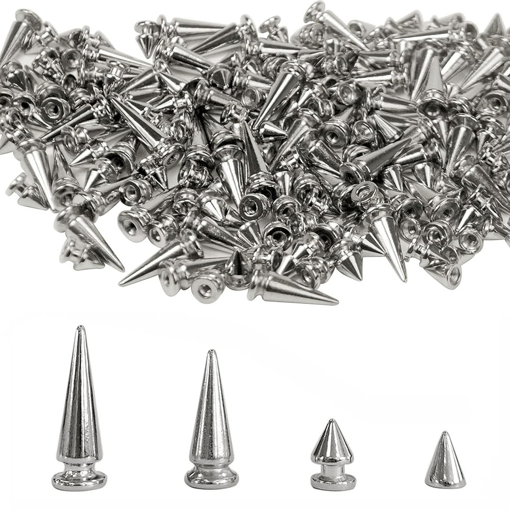 200 Sets Silver Cone Spikes Multiple Sizes Screw Back Studs Punk Rock Bullet Riv