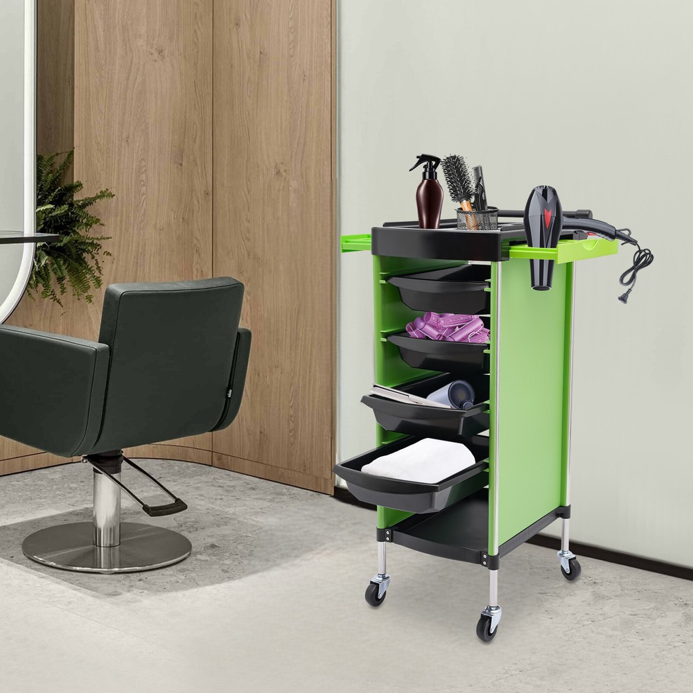 Salon Trolley, with Handle and Lockable Rolling Wheels, Green 6-Tier Drawer-Type