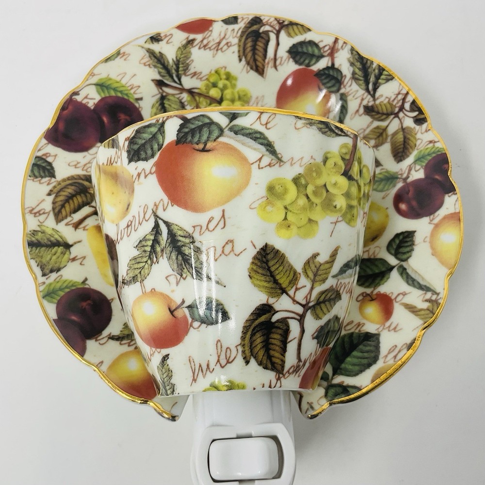 Baum Bros Formalities Night Light Tea Cup & Saucer Fruit Pattern Gold Rim Dining