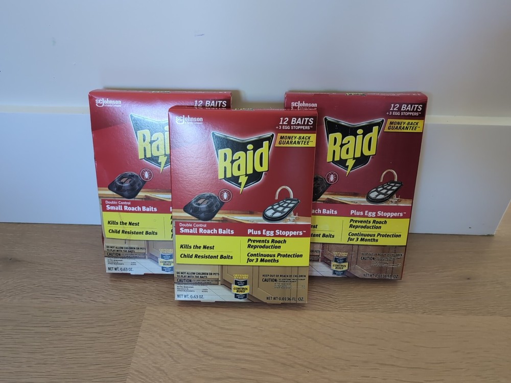 3 Raid Double Control 12 Small Roach Baits + 3 Egg Stoppers Kills & Sterilizes