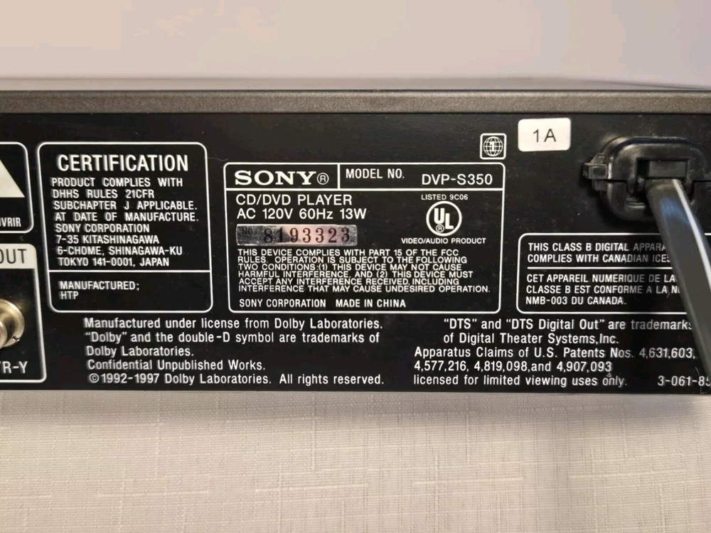 SONY DVD/CD Player DVPS - 350 Digital Doby Component Video Output/ Virtual...