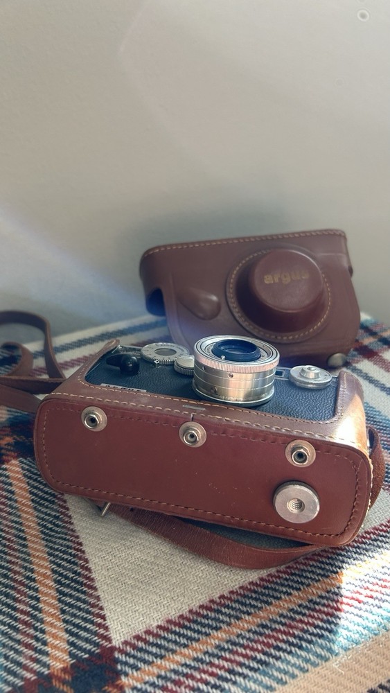 Argus Cintar Rangefinder Camera Black Silver with Brown Leather Case