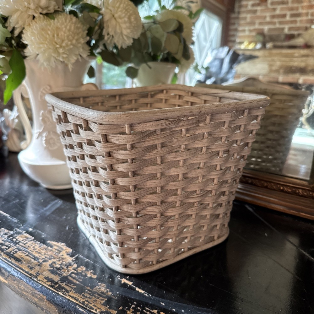 Vintage Boho Chic White Wicker Square Basket