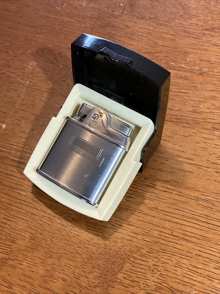 Ronson Sport Lighter Blank Silver Tone w/Plastic Case Good Shape