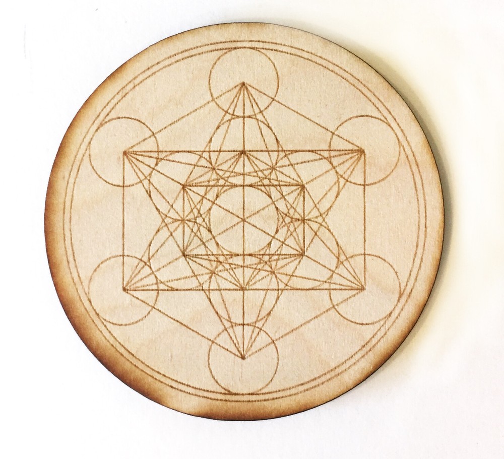 Laser engraved 3.5” Metratrone’s Cube Crystal Grid