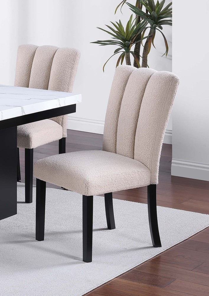 Upholstered Soft Fabric 2pc Dining Chairs Channel Tufting Neutral Tone Side Ch