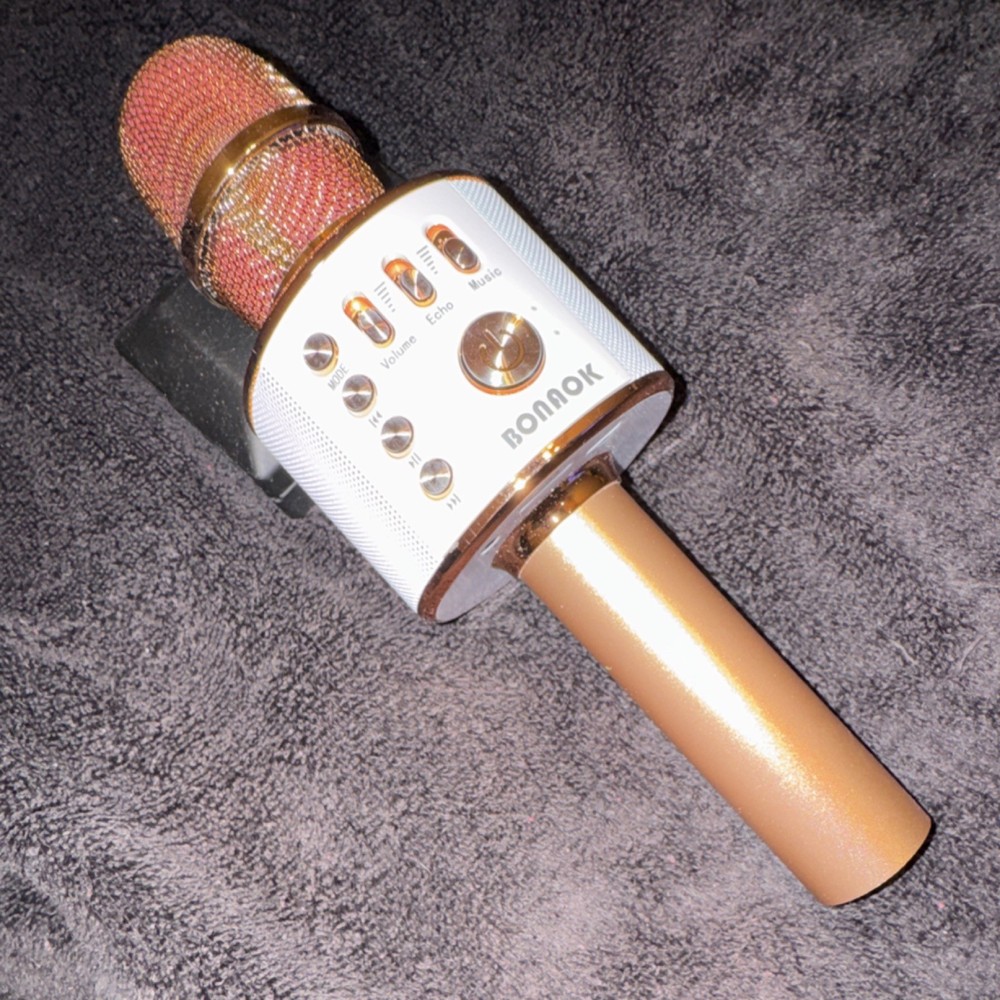 BONAOK Bluetooth Karaoke Microphone Gold White Handheld On/Off Switch